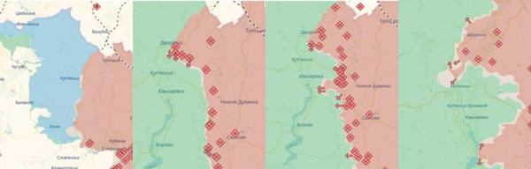 Лінія фронту біля Куп'янська у вересні 2022, 2023, 2024 та 2025 року. Дані DeepState