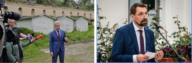 Заступник міністра культури Сергій Бєляєв у Лаврі після звільнення Остапенка. Міністр культури та стратегічних комунікацій Михайло Точицький на відкритті виставки в Лаврі.  Facebook / «Бабель»