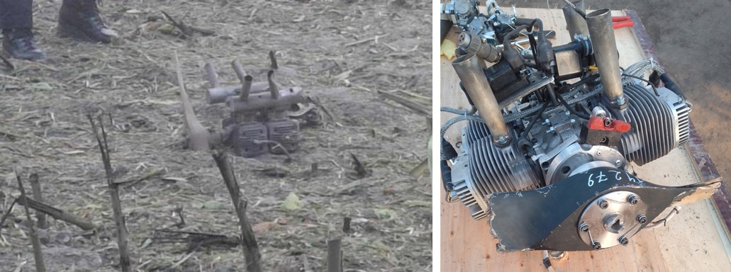  На ньому чудово видно стандартний чотирьохтактовий двигун типу MD550, який РФ масово використовує у дронах типу "Шахед". Але зі встановленим глушником на системі вихлопу, що доволі нестандартно.