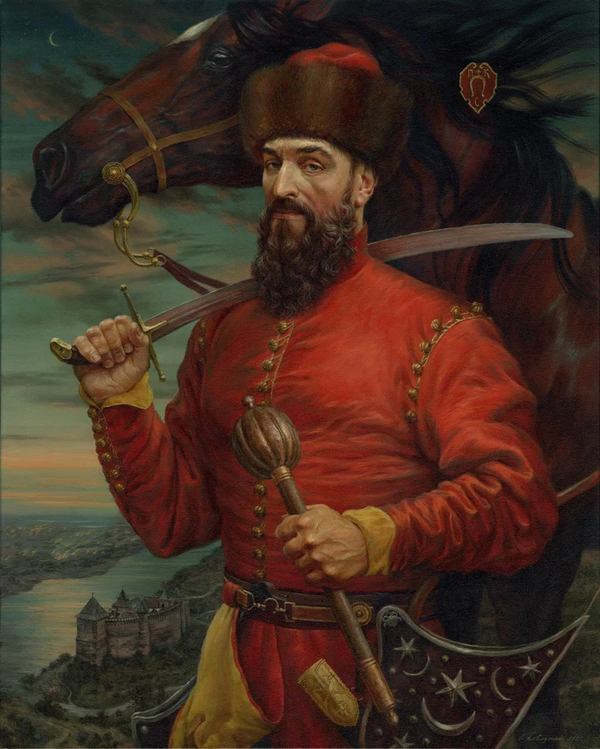 Наталя Павлусенко "Петро Конашевич-Сагадачний на тлі Хотинської фортеці", 2021 рік  Фото: pavlusenkoart.com.ua