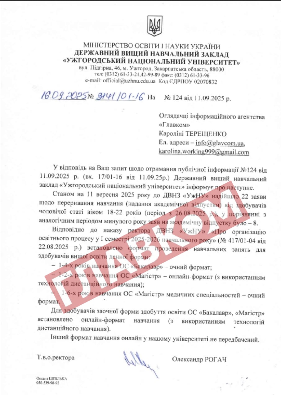 Відповідь УжНУ на запит «Главкома»